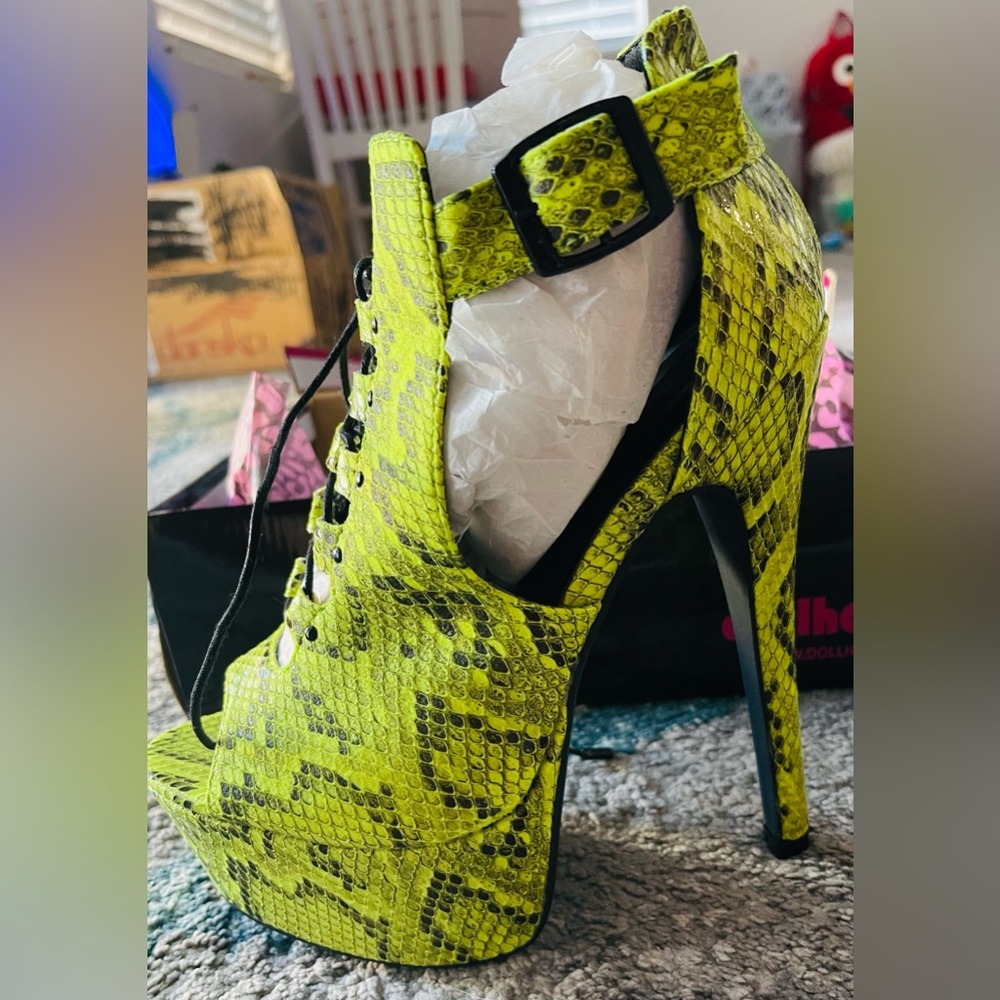 Dollhouse Neon Snakeskin Lace-Up Heels